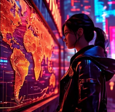 Mulher observando painel interativo de mapa mundial iluminado em cidade neon