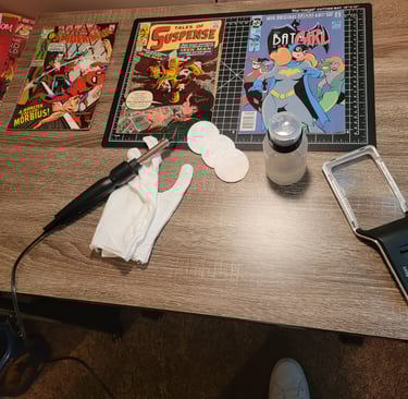 Comic book cleaning tools and workshop