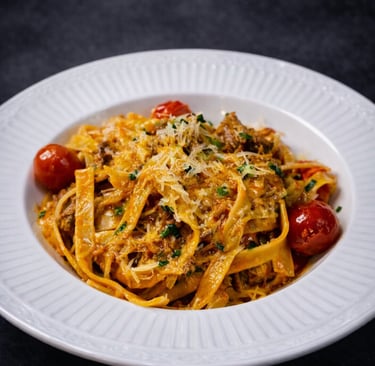 Fettuccine con salsa de Cordero Victoriense y tomate confitado en Yukatan, Victoria