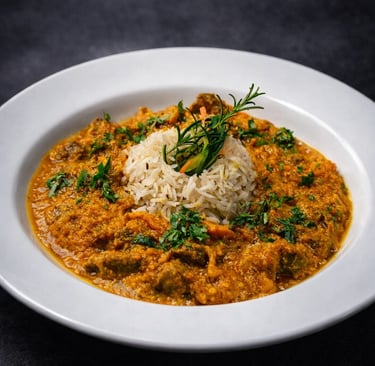 Guiso de pierna de Cordero Victoriense macerado en kefir con especias y arroz basmati