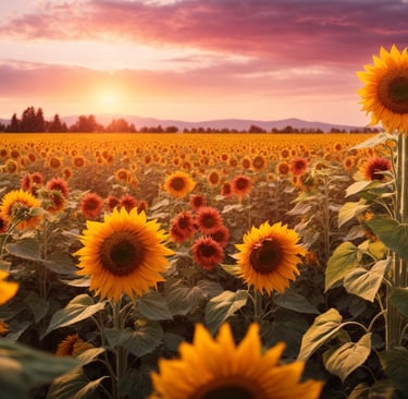 Un campo de girasoles al atardecer