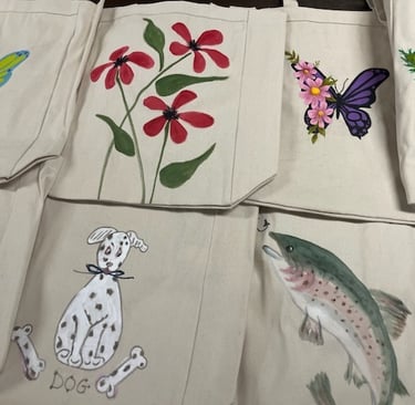 hand painted flowers, Dalmatian, butterfly, fish, flowers