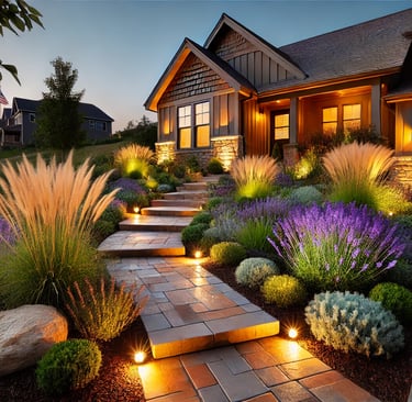 Beautiful native landscaping with decorative stone pathway, designed to complement a Kansas City hom