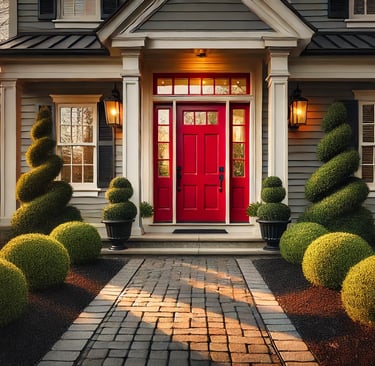 Inviting front entrance with a bold red door and cobblestone walkway, enhanced by Aztec Construction