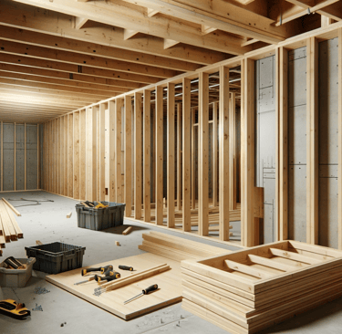 Basement under construction with wooden wall framing and partially installed drywall, showcasing a c