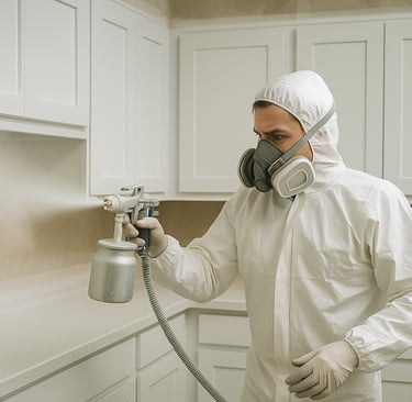 Professional painter spray-painting modern white kitchen cabinets while wearing protective gear.