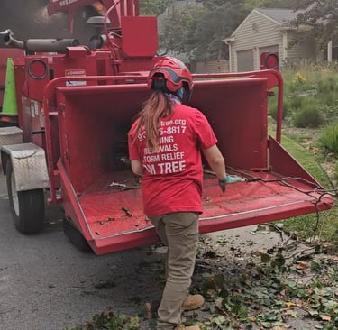 Kate chipping up brush from a storm jo in Ottawa, KS