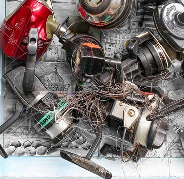 fishing reels with a giant knot in the fishing line 