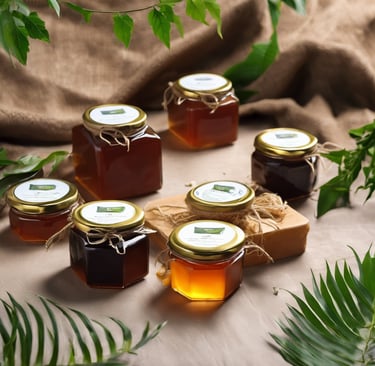 a bunch of nilgiris jars of honeys,gold color with natural beauty raw honey cofee dark forest honey
