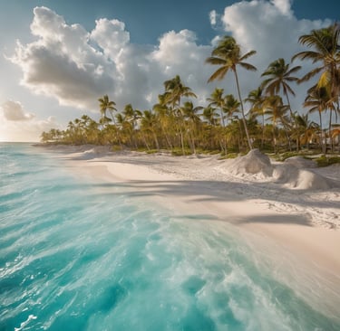 a sandy beach with palm trees and thatched umbrellas