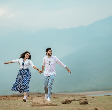 Couple holding hands and running during Pre wedding photography on golden hour