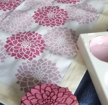block printing a tea towel
