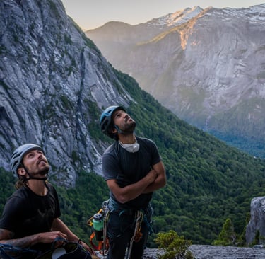 Climbers inspect their work after a day of big wall route development in Cochamó, Chile