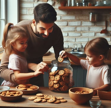 A cookie jar with children taking out a cookie.