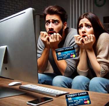 a man and woman  on computer with credit cards