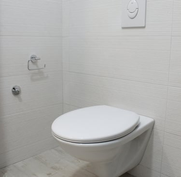 Toilettes suspendues installées dans une salle de bain carrelée au sol et aux murs