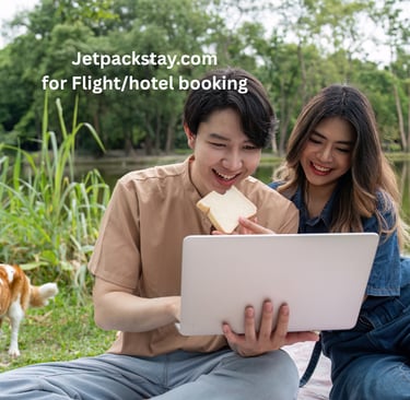 Couple booking the flights with jetpackstay.com