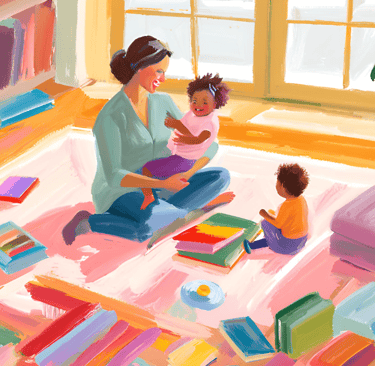 a woman sitting on a rug with a baby in her lap