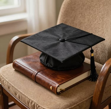A close-up photograph of a graduation cap and a leather-bound journal resting on a tan-colored vintage chair in a sunlit room in North American / US. The composition is clean and sophisticated, featuring soft warm brown tones.