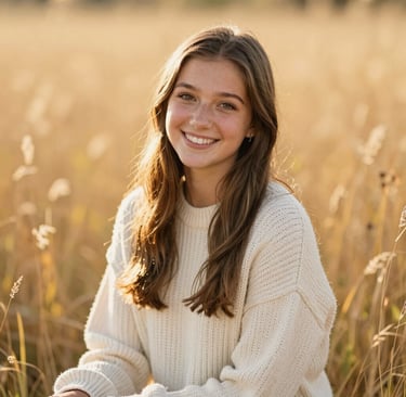 A warm, natural light portrait of a high school senior girl with a bright smile, wearing a cream knit sweater, sitting in a field of golden grass in North American / US. The photography is timeless and elegant with soft bokeh.