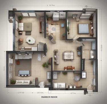 A living room with a white couch and a round window