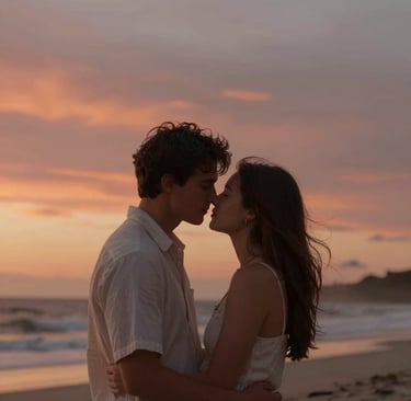 A candid, cinematic photo of a couple sharing a secret in a North American / US coastal setting at sunset. The sky is filled with warm terracotta and soft sand hues, capturing an authentic moment of connection.
