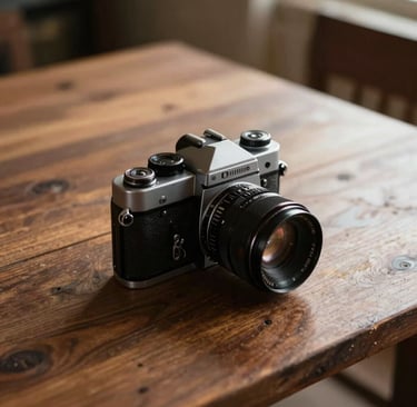 A cinematic high-angle shot of a vintage film camera on a muted brown wooden table in a sun-drenched North American / US room. The lighting is warm with soft sand highlights and deep charcoal shadows.