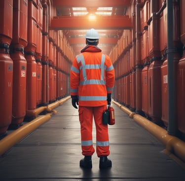 A professional crew member inspecting a ship's engine room with tools in hand.
