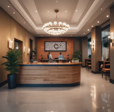 Friendly hotel staff welcoming guests at the lobby of a modern mid-budget hotel.