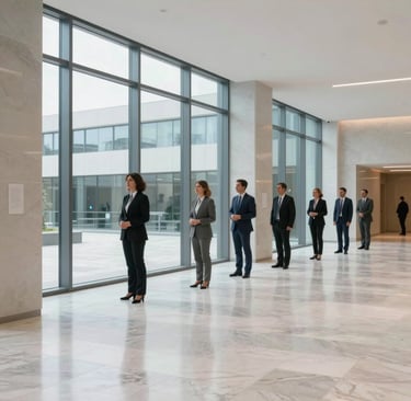 A wide photography of a modern, clean hall with marble floors and large windows, reflecting a sense of global responsibility and professionalism, global Spanish-speaking context, light blue and off-white lighting.