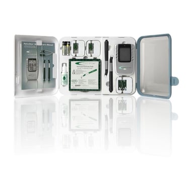 Upright view of Alpha-Stim-M inside its box.