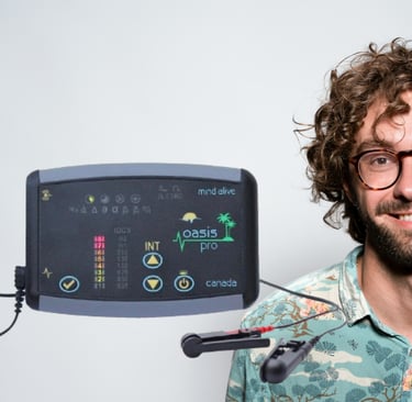 Half face of a youg man with glasses and beard, next to a Mind Alive Oasis Pro.