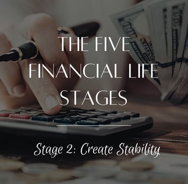 A person using a calculator and fountain pen near cash and a piggy bank to create financial stability.
