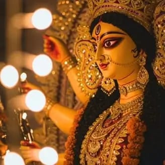 Durga Maa in a costume with a candle lite up