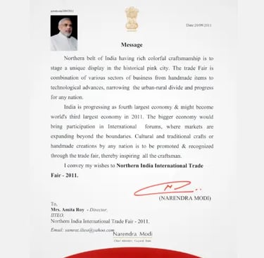 A message for Mrs. Amita Roy for organizing Northern India International Trade Fair