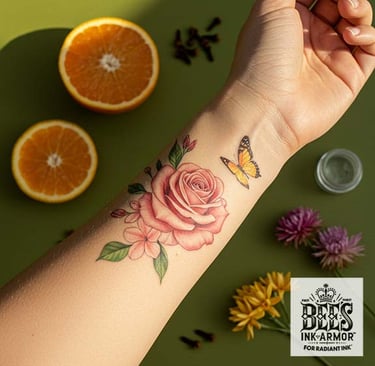 tattoo of a rose tattoo on a woman's wrist, surrounded by flowers and sliced citrus post tattoo care