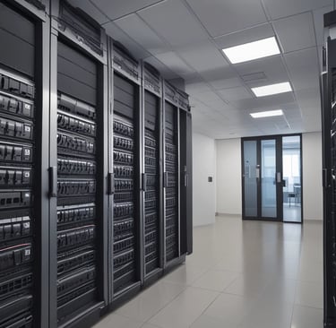 A hand holding a thermal scanner is pointed towards a rack of computer servers. The servers are illuminated with blue LED lights, giving a technological and futuristic feel.