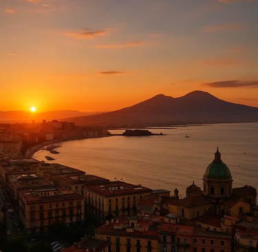 Tramonto estivo sul Golfo di Napoli con il Vesuvio in controluce