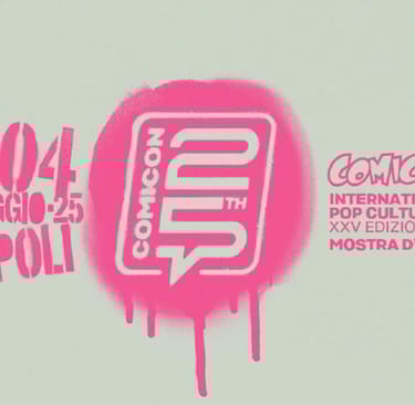 Ingresso Mostra d’Oltremare – "Ingresso principale della Mostra d’Oltremare, sede del COMICON Napoli 2025, con fan in fila pe