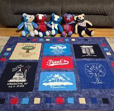 Memory quilt made from clothing shown with handmade memory teddy bears created from the same garment