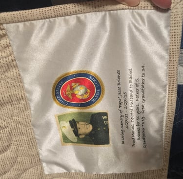 Sublimated quilt label with photo printed on fabric for a memory quilt