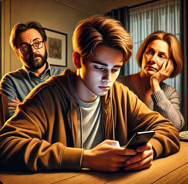 Familia preocupada mientras un joven se muestra distante debido a una adicción.