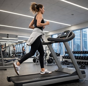 mulher correndo na esteira com adidas samba