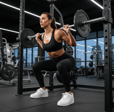 mulher fazendo agachamento livre com tênis air force 1  branco