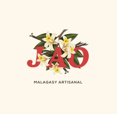 le logo de JAO avec des belles gousses et fleures de vanille de Madagascar