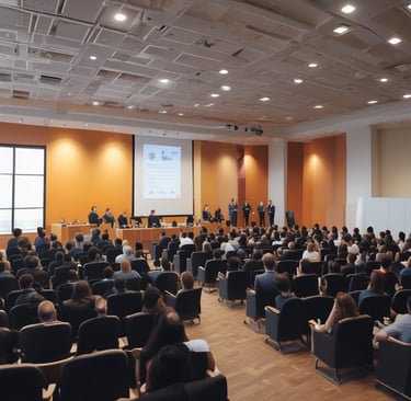 A group of people are attending a workshop focused on capacity building for instructors. The event is held in Padang and organized by various organizations, as indicated by the logos on the banner. A speaker in a red shirt is addressing the audience from a podium, while participants sit at round tables with water bottles and notes in front of them.