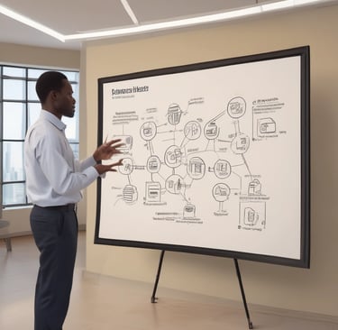 Three people are in a meeting room. One person is standing and pointing to a whiteboard filled with diagrams and flowcharts, while the other two are seated at a table with laptops and notebooks. The atmosphere appears focused and collaborative.