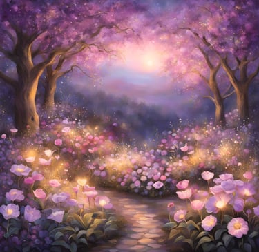une peinture d'un chemin menant à un chemin à travers un jardin