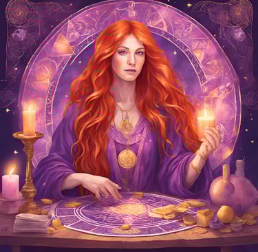 une femme aux cheveux roux et à la robe violette
