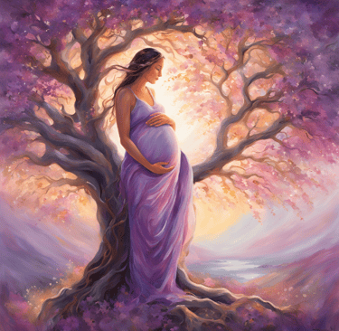 une femme enceinte vêtue d'une robe violette debout devant un arbre